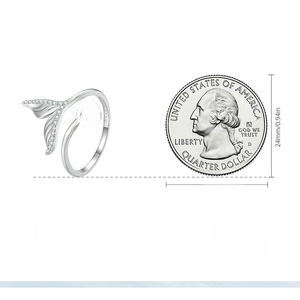 Detailed size chart of S925 sterling silver mermaid tail ring with dimensions and coin