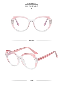 Front and side views of candy-colored pink transparent butterfly frame glasses