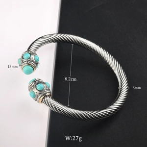 Silver stainless steel cable cuff bracelet with turquoise stone inlays and twisted band