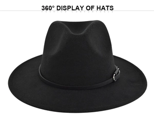 Classic British black wool felt wide-brim fedora hat with a leather strap and buckle