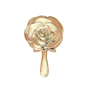 Elegant golden rose-shaped handheld makeup mirror with intricate floral relief design
