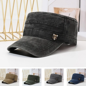 Cadet Cap Men Washed Cotton Retro Distressed Flat Top Military Hat Adjustable Outdoor Casual Vintage Sun Protection