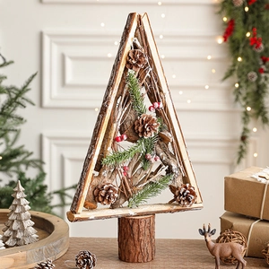 Creative wooden Christmas tree ornament with pine needles, red berries, and natural cones
