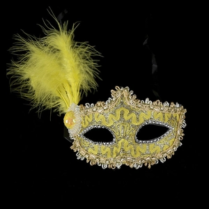 Yellow and gold Venetian feather mask with sequins and embroidery for parties