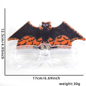 Detail of Halloween LED glasses featuring orange and black bat decorations with size dimensions