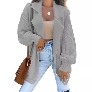 Grey knit cardigan sweater featuring a notched lapel and long lantern sleeves for women