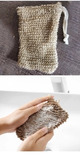 Detail of natural sisal soap bag creating rich white foam with cotton drawstring