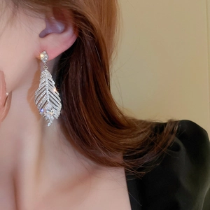 Dettaglio degli eleganti orecchini a piuma in argento con cristalli scintillanti