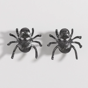 Detailed view of black spider earrings with textured gothic design and metal backings
