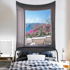 Bedroom wall setup showing a 3D window view tapestry with sea landscape and flowers