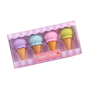 Set of 4 colorful ice cream shaped erasers in a Sweet Shop themed striped gift box