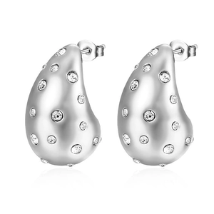 Close-up of teardrop stud earrings with clear crystals and 18K gold plated finish