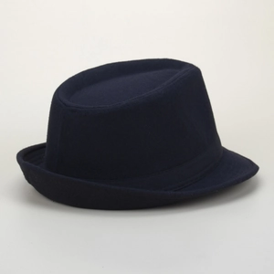Close-up detail of a navy blue wool felt fedora hat with a stylish rolled brim design