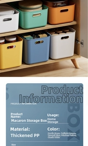 Close-up of colorful PP storage boxes in macaron tones with side handles for organization