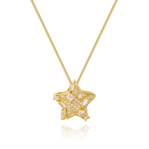 Macro shot of 18k gold plated star pendant necklace set with clear cubic zirconia