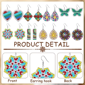 Detail view showing front and back of rainbow rhinestone DIY diamond painting earrings