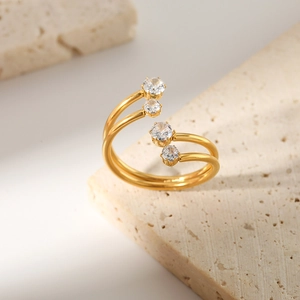 Minimalist gold plated open ring with four tiered clear cubic zirconia stones