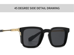 Detail view of square black sunglasses showing golden metal temples with engraved stripes