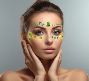 Saint Patrick's Day temporary clover face tattoos with Lucky Me and Happy letter designs