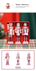 Three 13cm pink and white wooden Christmas nutcracker soldiers in a gift box packaging