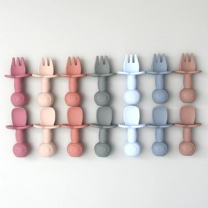 Set of 14 pieces silicone baby training utensils with animal relief handles and safety guards