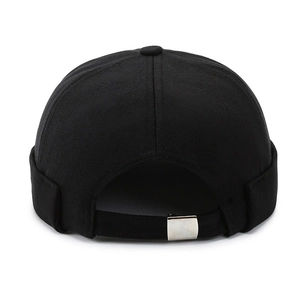 Retro black docker cap with embroidery and adjustable rear strap with silver buckle