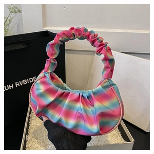 Detailed close-up of the rainbow gradient pleated texture on this stylish dumpling bag