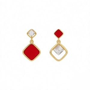 18k gold plated diamond-shaped drop earrings with red enamel and sparkling zircons