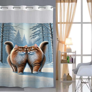 Detail of waterproof bathroom curtain with double-layer metal rings and forest cat print