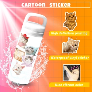 Waterproof vinyl cartoon cat stickers shown on a water bottle with splashes