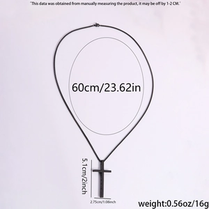 Detailed view of black titanium steel cross necklace with size measurements in inches