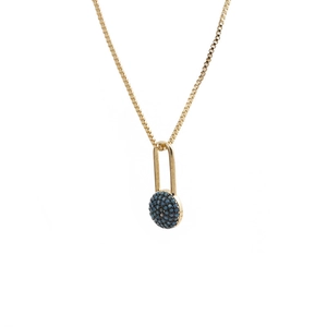 Golden padlock necklace with blue zircon circular pendant on a clean white background