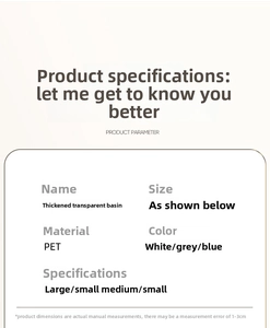 Detailed size specifications for thickened PET washbasin in white, grey, and blue colors