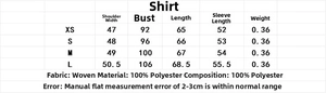 Detailed size chart for women's long sleeve crepe shirt with shoulder decoration