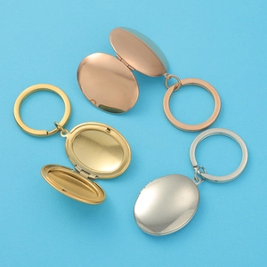 Macro detail of oval locket keychains in rose gold, gold, and silver finishes