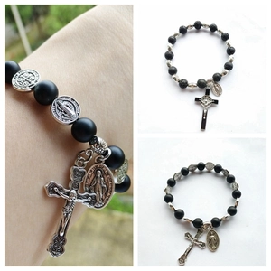 Bracelet Chapelet Saint Benoît Pierre De Lave Perles Agate Alliage Crucifix Croix Médaille Miraculeuse Élastique Unisexe