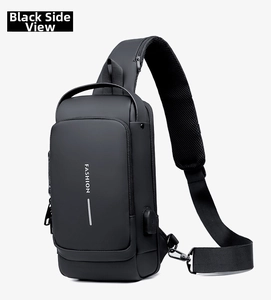 Black outdoor sling bag featuring side USB charging port and breathable honeycomb mesh strap