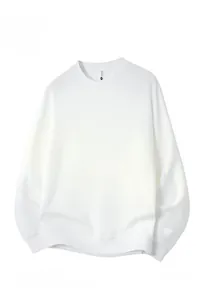 Detailed front view of white crew neck sweatshirt with ribbed cuffs and hem
