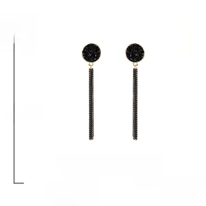 Long black tassel earrings with sparkling rhinestones and medical steel pins