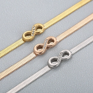 Minimalist stainless steel 4mm flat snake chain bracelet with crystal infinity charm