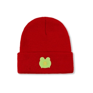 Detailed close-up of red knit beanie featuring a cute green frog embroidery pattern