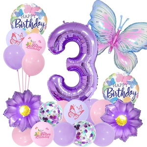 Butterfly and sunflower themed purple 3rd birthday balloon set for party decoration