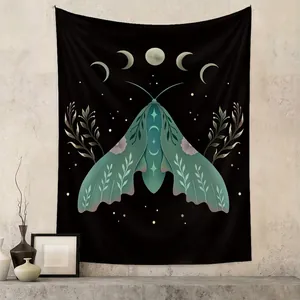Mystical Moon Phase Moth Wall Tapestry Polyester Aesthetic Bohemian Butterfly Wall Hanging For Bedroom Living Room Decor