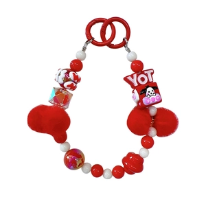 Creative red and white beaded chain featuring plush and acrylic beads with round clasps