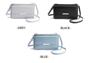 Detailed comparison of grey, black and blue crossbody phone bags with pebble leather texture
