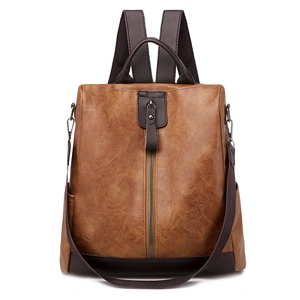 Brown vintage multi-functional PU leather backpack for women with anti-theft design