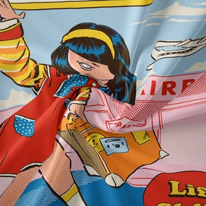 Dettaglio di un arazzo pop art vivace con stampe di fumetti retrò e trama fine