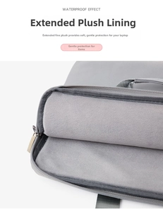 Detailed view of the shockproof soft fleece lining and waterproof fabric on laptop bag