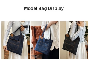 Dettaglio della grande borsa tote in denim con tasca laterale ed etichetta in pelle