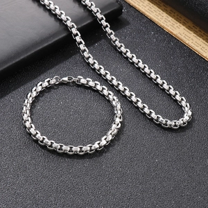 Set collana e bracciale uomo catena box hip hop in acciaio al titanio argento lucido